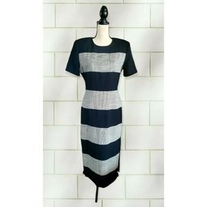 Vintage Leslie Lucks Black Houndstooth Striped Sheath Maxi Dress Sz 8